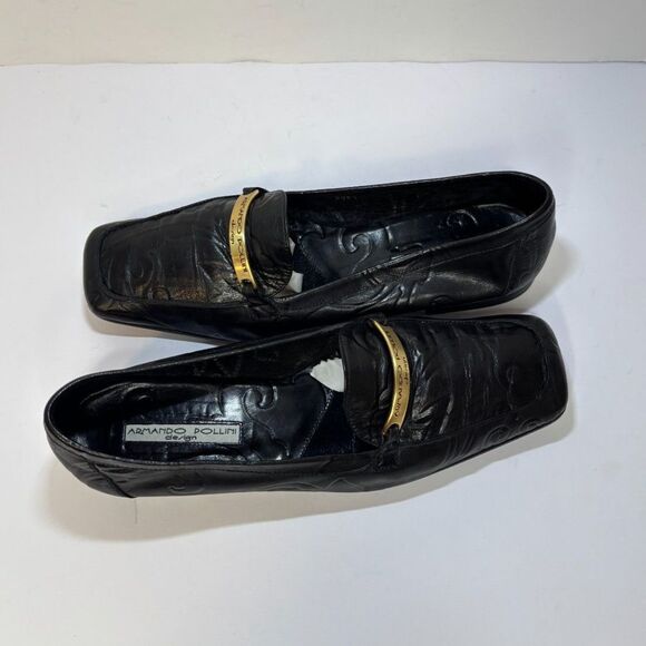 Armando Pollini Design Italian Embossed Leather Penny Loafer Womens Black Gold - Picture 4 of 8